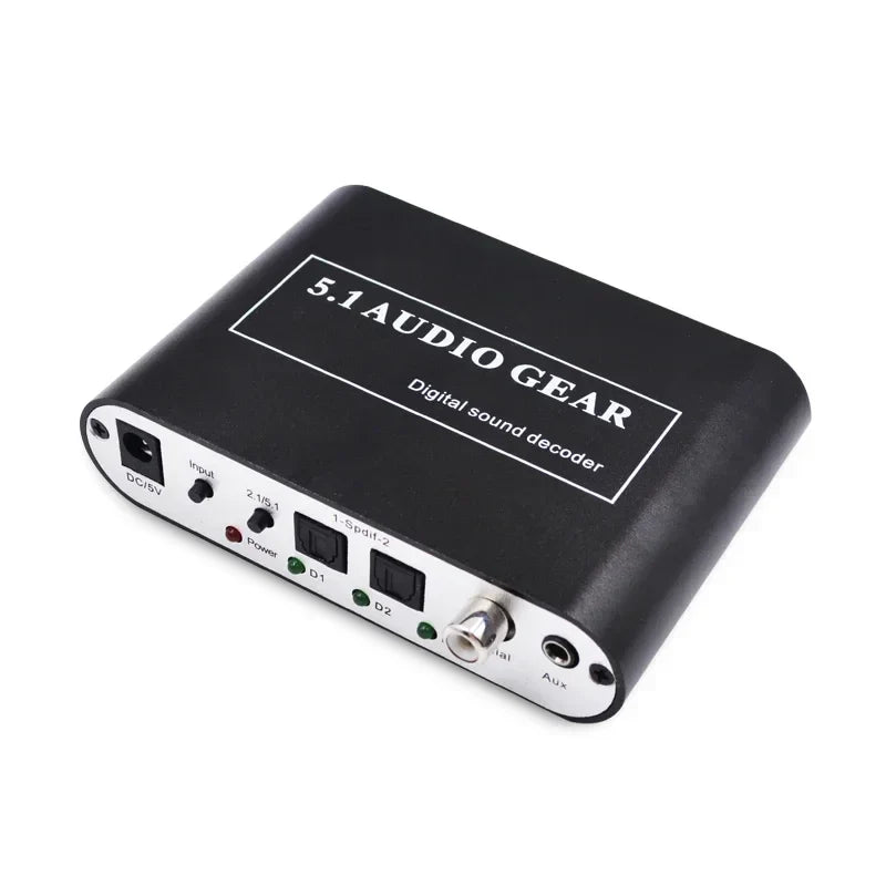 Black 5.1 audio decoder digital sound dts ac3 pcm with silver accents showing labeled aux coaxial optical input and power ports back side
