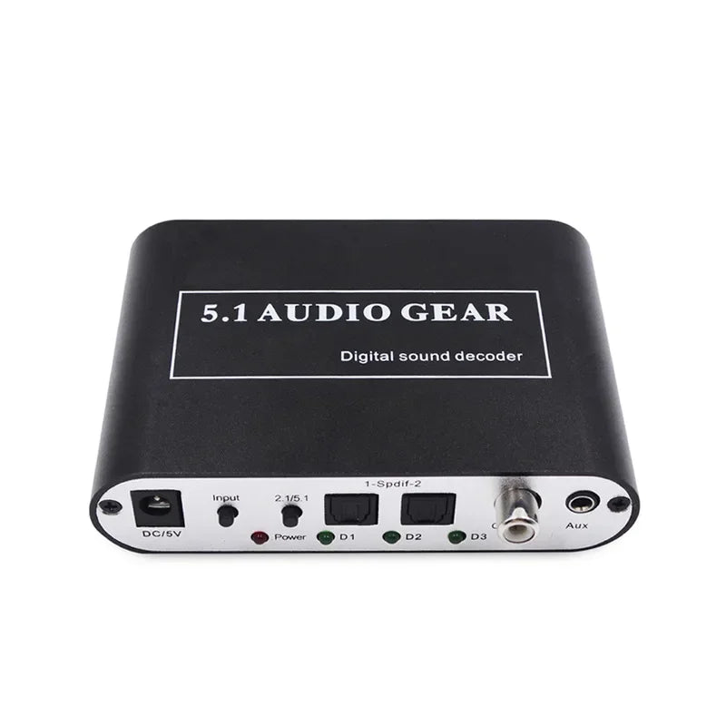 Back side of black digital audio decoder featuring silver aux coaxial input output ports with labeled connectors for dolby pro logic