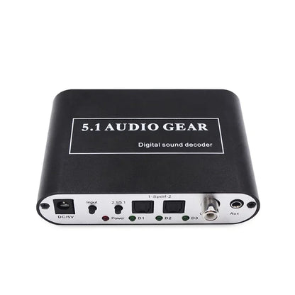 Back side of black digital audio decoder featuring silver aux coaxial input output ports with labeled connectors for dolby pro logic