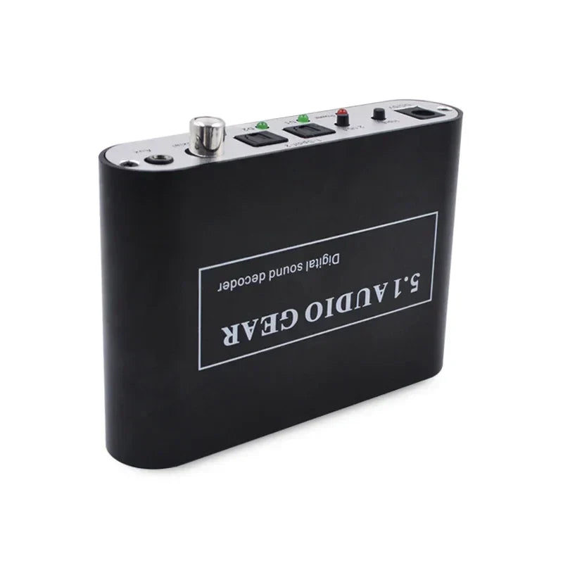 Black rectangular 5.1 audio decoder with digital sound dts ac3 pcm support aux coaxial ports and silver metallic knobs on top