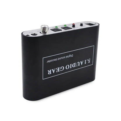Black rectangular 5.1 audio decoder with digital sound dts ac3 pcm support aux coaxial ports and silver metallic knobs on top