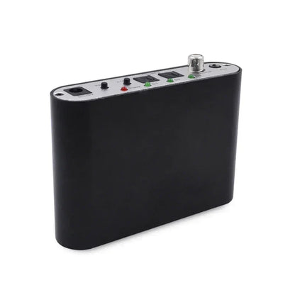 Black rectangular 5.1 audio decoder with silver control panel featuring dts ac3 pcm aux coaxial input output ports and lights