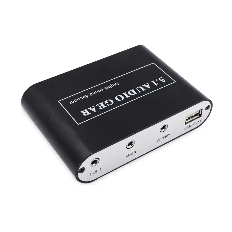 Black and silver 5.1 audio decoder digital sound dts ac3 pcm with labeled surround sound output and aux coaxial ports back view