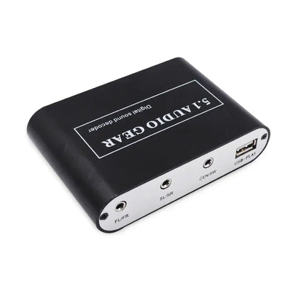 Black and silver 5.1 audio decoder digital sound dts ac3 pcm with labeled surround sound output and aux coaxial ports back view
