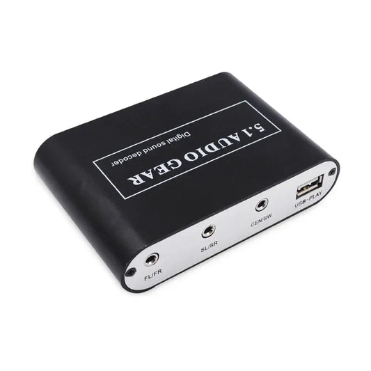 Black and silver 5.1 audio decoder digital sound dts ac3 pcm with labeled surround sound output and aux coaxial ports back view