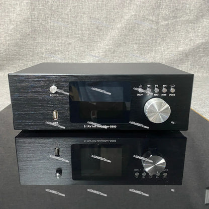 Black 5.1av hi-fi amplifier with brushed metal finish silver knobs featuring dolby atmos decoding and playback dsd lossless music