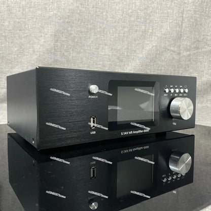 Black 5.1av hi-fi amplifier with silver knobs and digital display featuring dolby atmos decoding and playback dsd lossless for type beat music