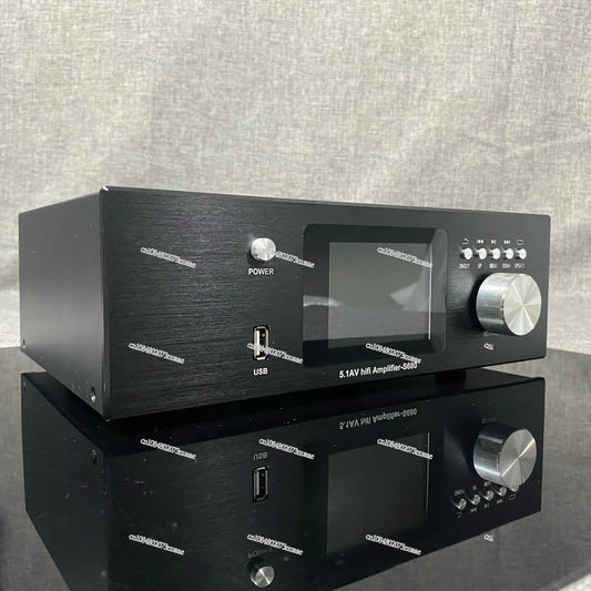 Black 5.1av hi-fi amplifier with silver knobs and digital display featuring dolby atmos decoding and playback dsd lossless for type beat music
