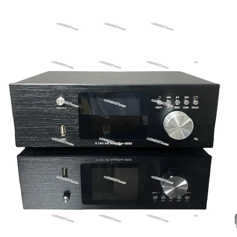Black brushed metal 5.1 av hi-fi amplifier with silver knobs and digital display for dolby atmos decoding and playback dsd lossless