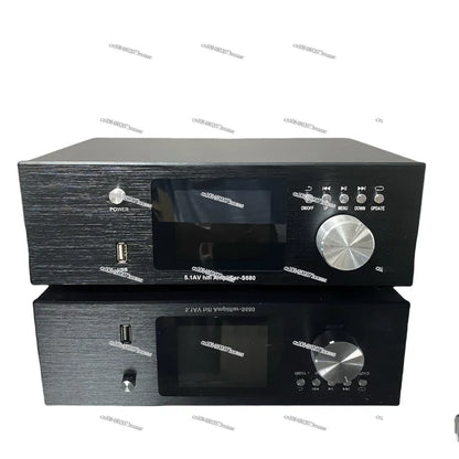 Black brushed metal 5.1 av hi-fi amplifier with silver knobs and digital display for dolby atmos decoding and playback dsd lossless