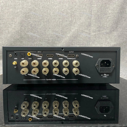 Black audio receiver back side with gold-plated hdmi optical speaker ports for dolby atmos decoding playback dsd lossless