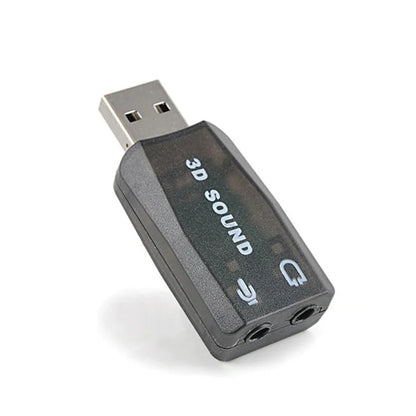 Black usb 3d sound adapter with silver metallic connector and two audio jacks to replace pci notebook usb sound card