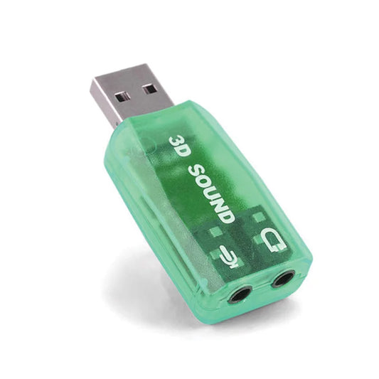 Transparent green usb 3d sound adapter with silver connector and dual audio jacks for channel usb independent use to replace pci notebook usb sound