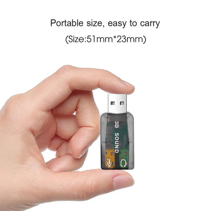 Compact transparent usb audio adapter with visible circuitry and 3d sound branding to replace pci notebook usb sound card