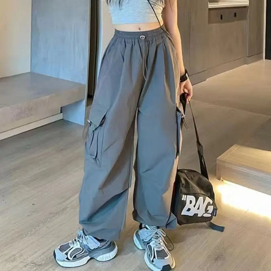 Gray kids hip hop cargo pants teenage with multiple pockets and elastic waistband straight trousers high waist