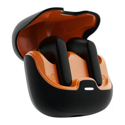 Black and orange 5.4 bluetooth tws wireless earbuds with ultra-low latency dual microphone enc noise cancelling in matte case