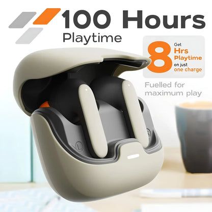 Beige and black 5.4 bluetooth tws wireless earphones with enc noise cancelling and latency dual microphone in sleek case