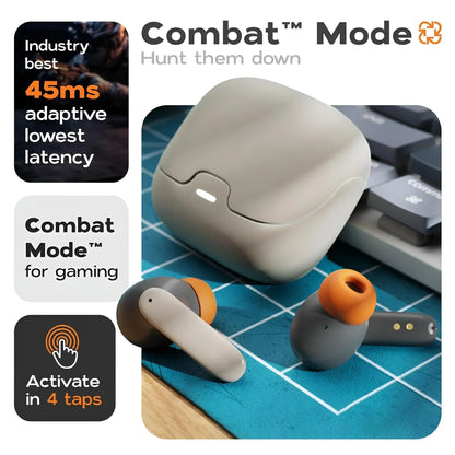 Gray and orange wireless bluetooth earphones with matching case featuring latency dual microphone enc noise cancelling design