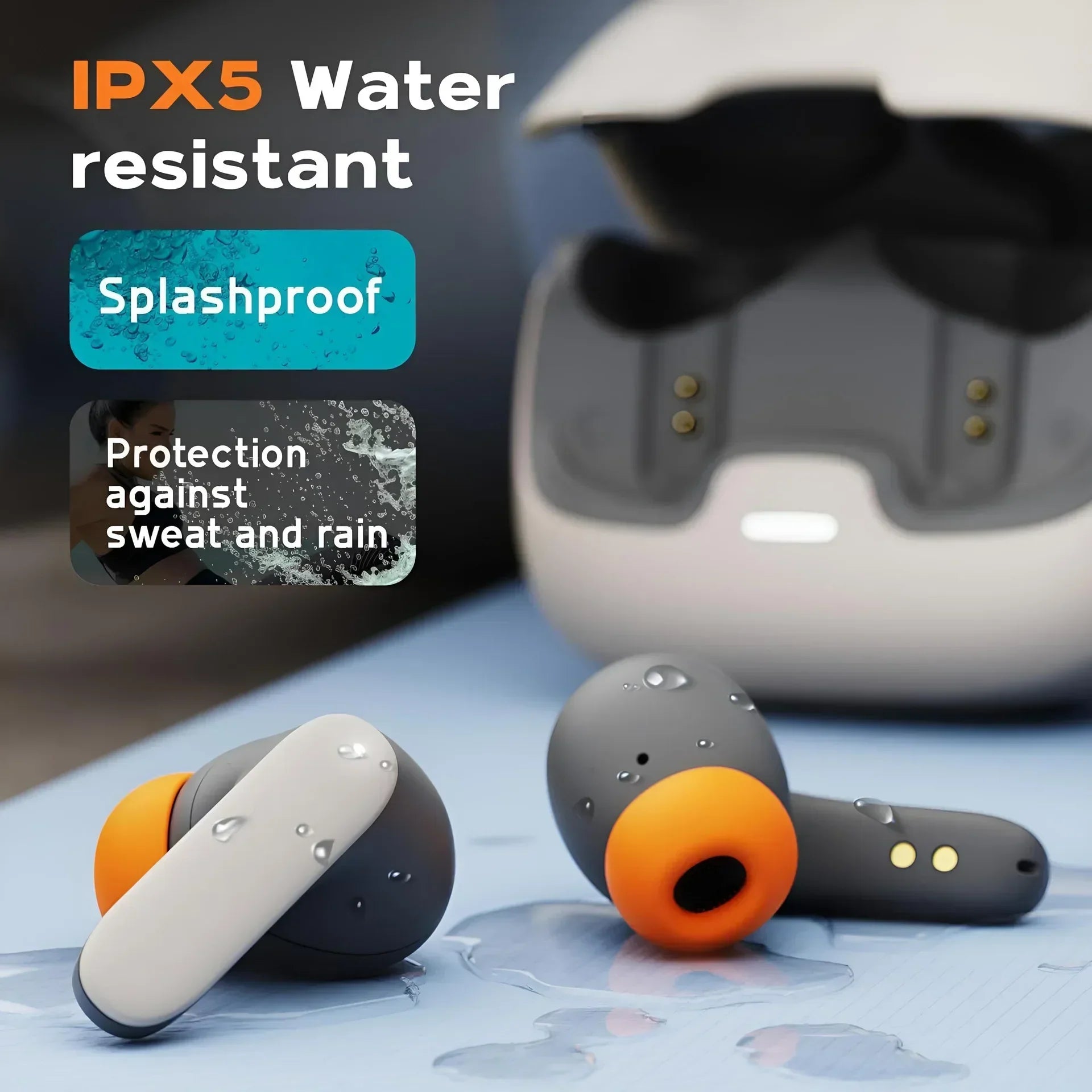 Gray and orange 5.4 bluetooth tws wireless earbuds with sleek ergonomic design and latency dual microphone enc noise cancelling