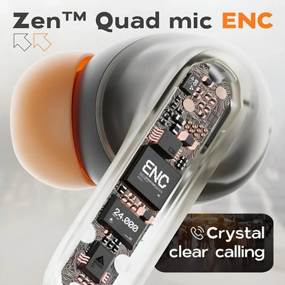 Transparent case of silver and black zen quad mic enc earbud with orange accent showing internal circuitry for latency dual microphone noise cancelling