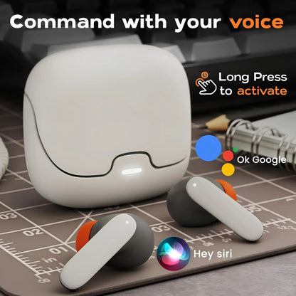 White and gray wireless earbuds with orange accents and matching charging case featuring enc noise cancelling and latency dual microphone