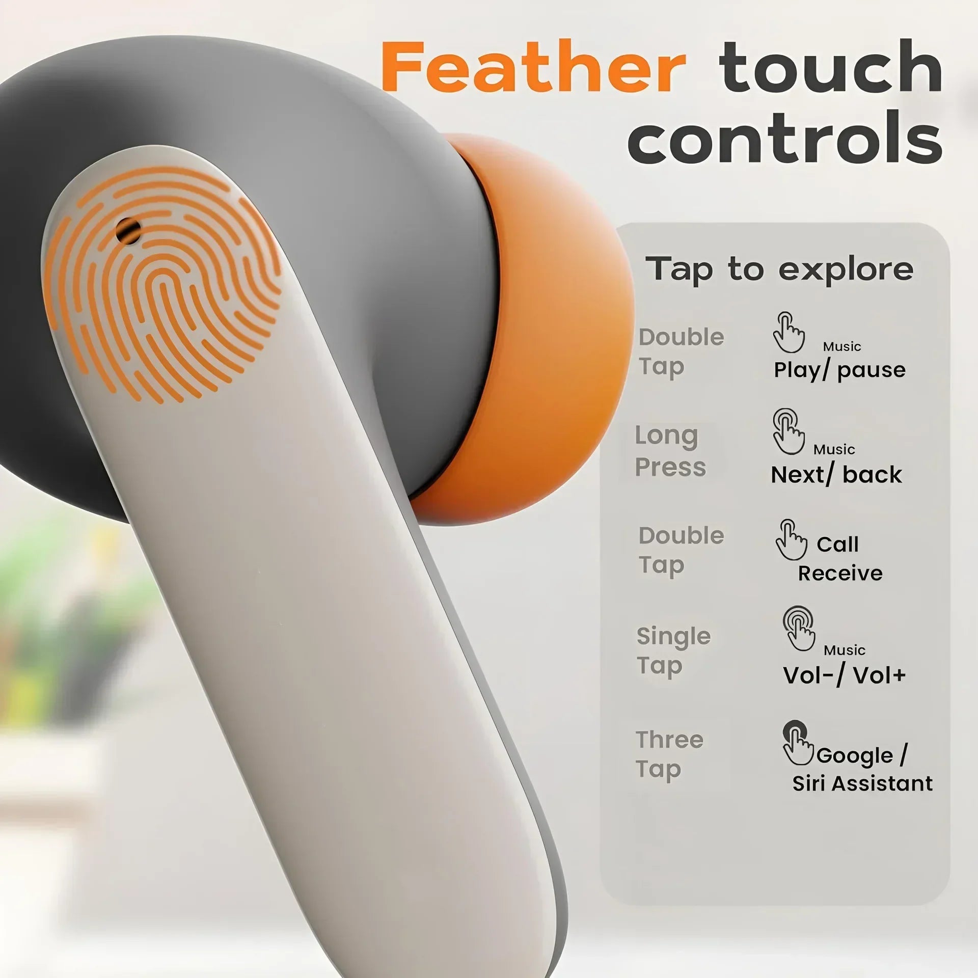 White and orange 5.4 bluetooth tws wireless earphones with feather touch controls and enc noise cancelling dual microphone