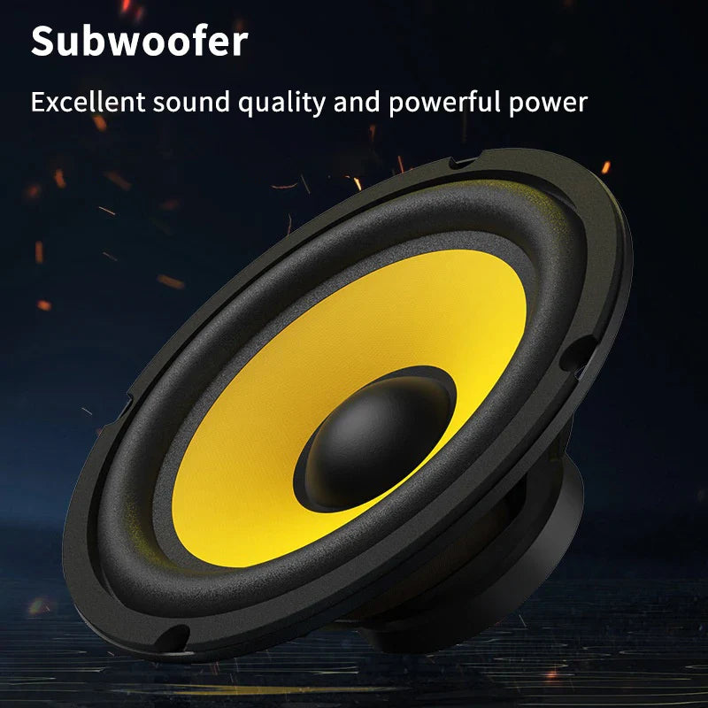 Black and yellow 5/6/8/10 inch car bass subwoofer with prominent cone for powerful sound in universal home audio use