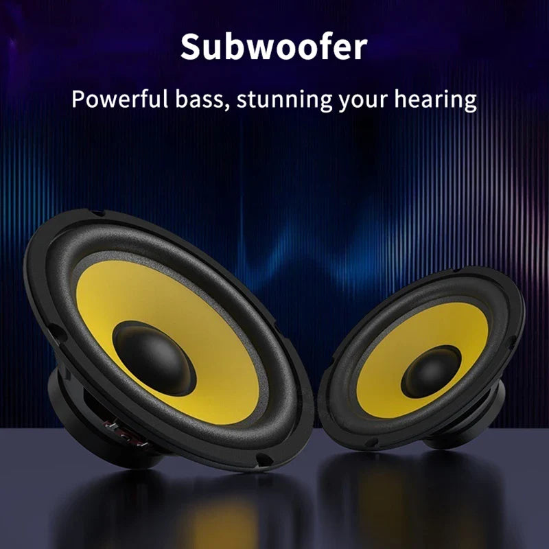 Pair of black and yellow 5/6/8/10 inch subwoofers with sleek circular design for car stereo and home audio multiple size options
