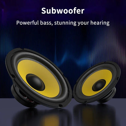 Pair of black and yellow 5/6/8/10 inch subwoofers with sleek circular design for car stereo and home audio multiple size options