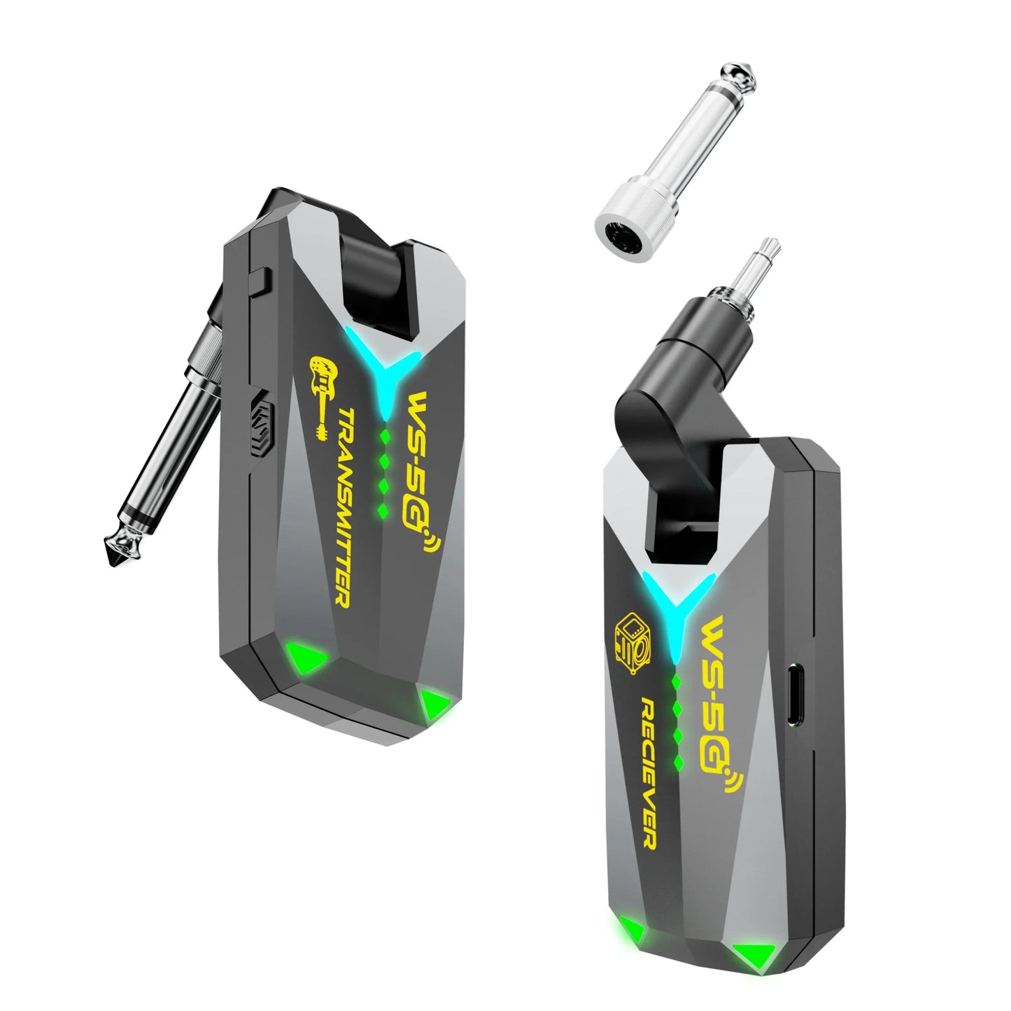 Black and silver ws-5g wireless guitar audio rechargeable transmitter receiver with glowing green led for 35mm jacks