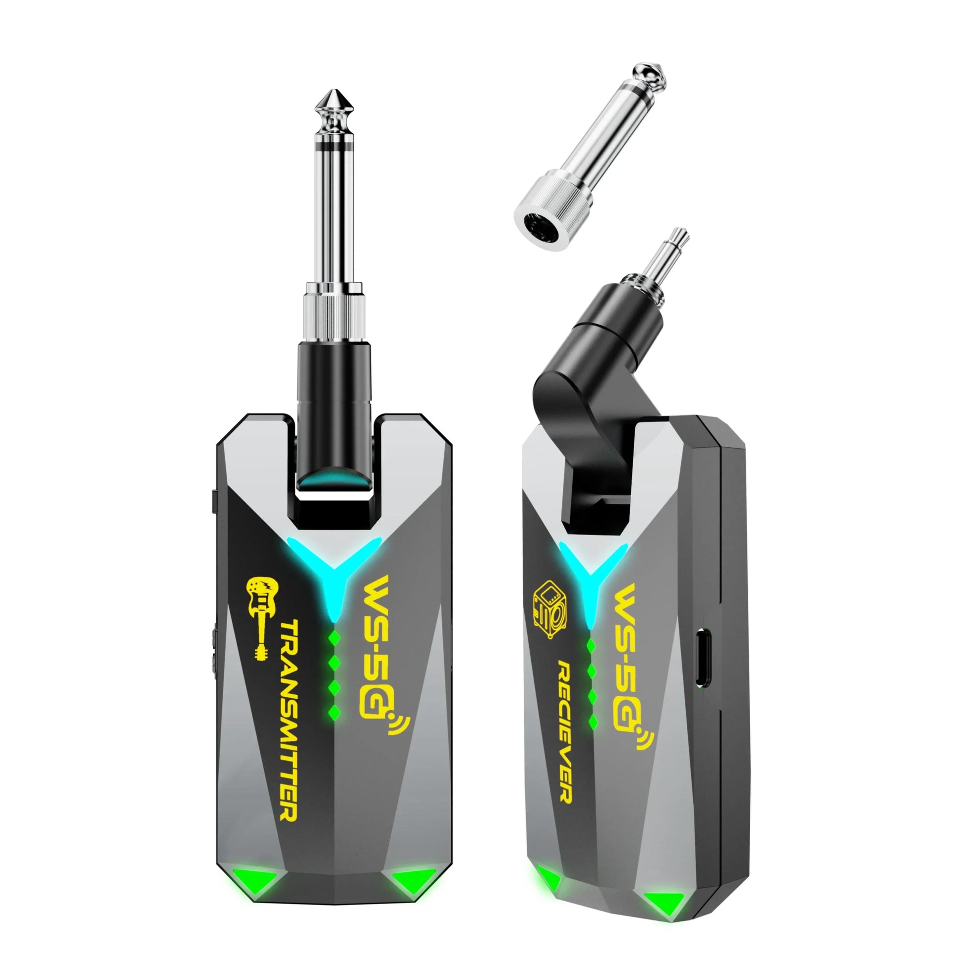 Black and silver ws-5g wireless guitar audio rechargeable transmitter receiver with glowing green leds for 35mm jacks