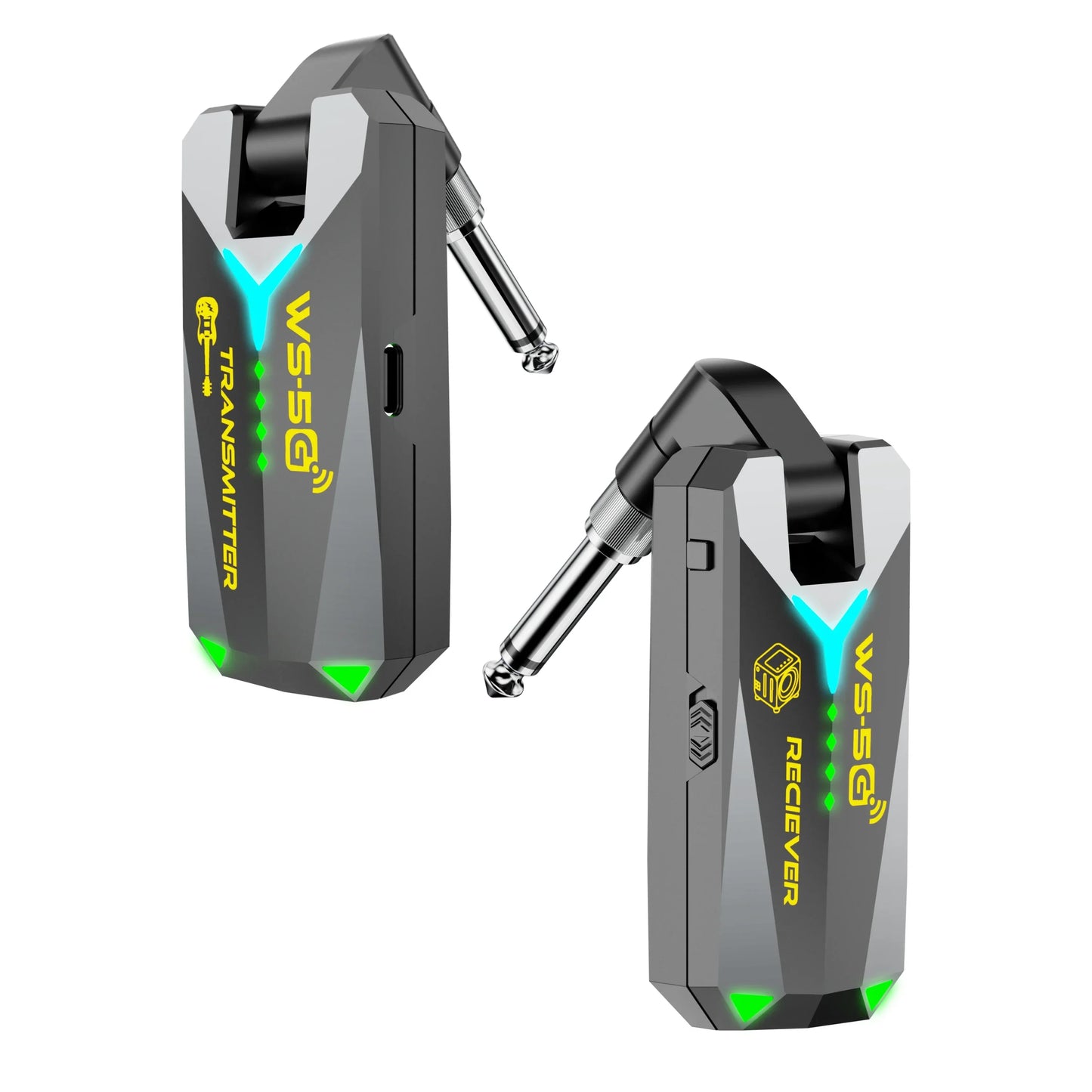 Black and silver ws-5g wireless guitar system with glowing green led accents audio rechargeable transmitter using 35mm jacks
