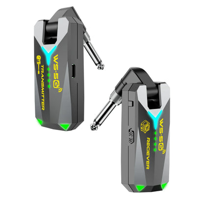 Black and silver ws-5g wireless guitar system with glowing green led accents audio rechargeable transmitter using 35mm jacks
