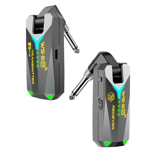 Black and silver ws-5g wireless guitar system with glowing green led accents audio rechargeable transmitter using 35mm jacks
