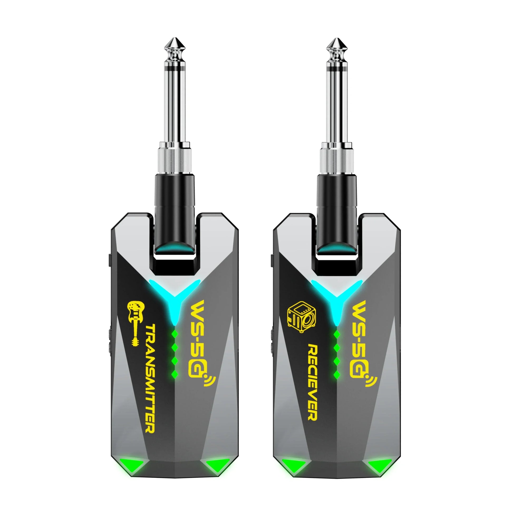 A sleek black and silver 5.8GHz wireless guitar system with glowing green LEDs and audio rechargeable transmitter for 35mm jacks