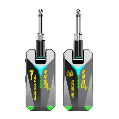 A sleek black and silver 5.8GHz wireless guitar system with glowing green LEDs and audio rechargeable transmitter for 35mm jacks