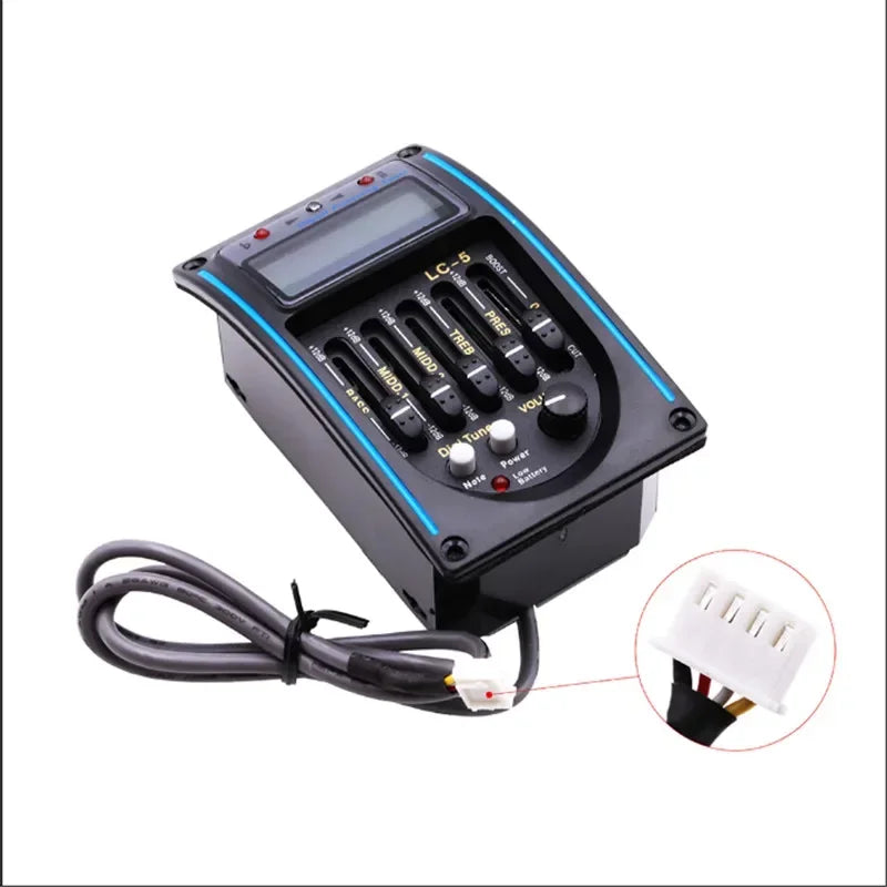 Black 5 band lc-5 guitar pickup with blue trim preamp eq equalizer and digital display for tuning mode on acoustic guitar
