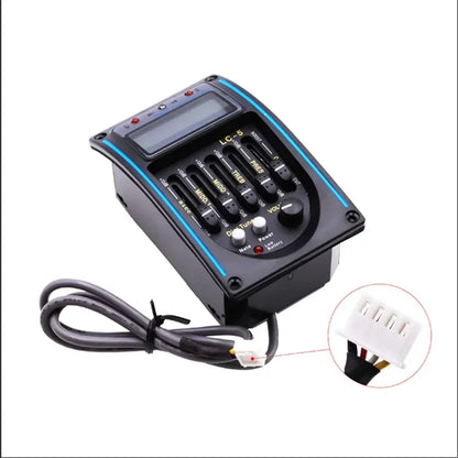 Black 5 band lc-5 guitar pickup with blue trim preamp eq equalizer and digital display for tuning mode on acoustic guitar