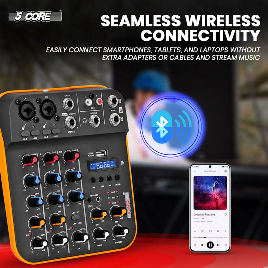 Black and orange 5 core audio mixer with bluetooth usb sound and multiple knobs for 4 channel dj equipment use