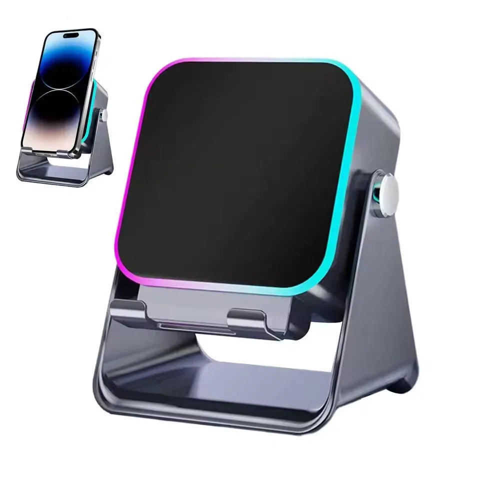 Black wireless speaker portable bluetooth phone holder with adjustable clamp and glowing rgb light phone stand border