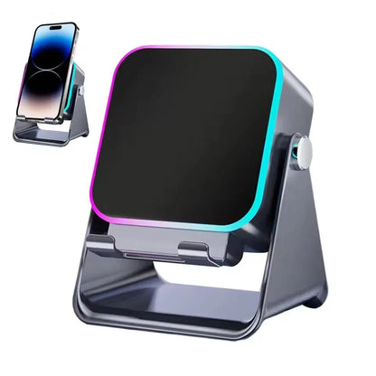 Black wireless speaker portable bluetooth phone holder with adjustable clamp and glowing rgb light phone stand border