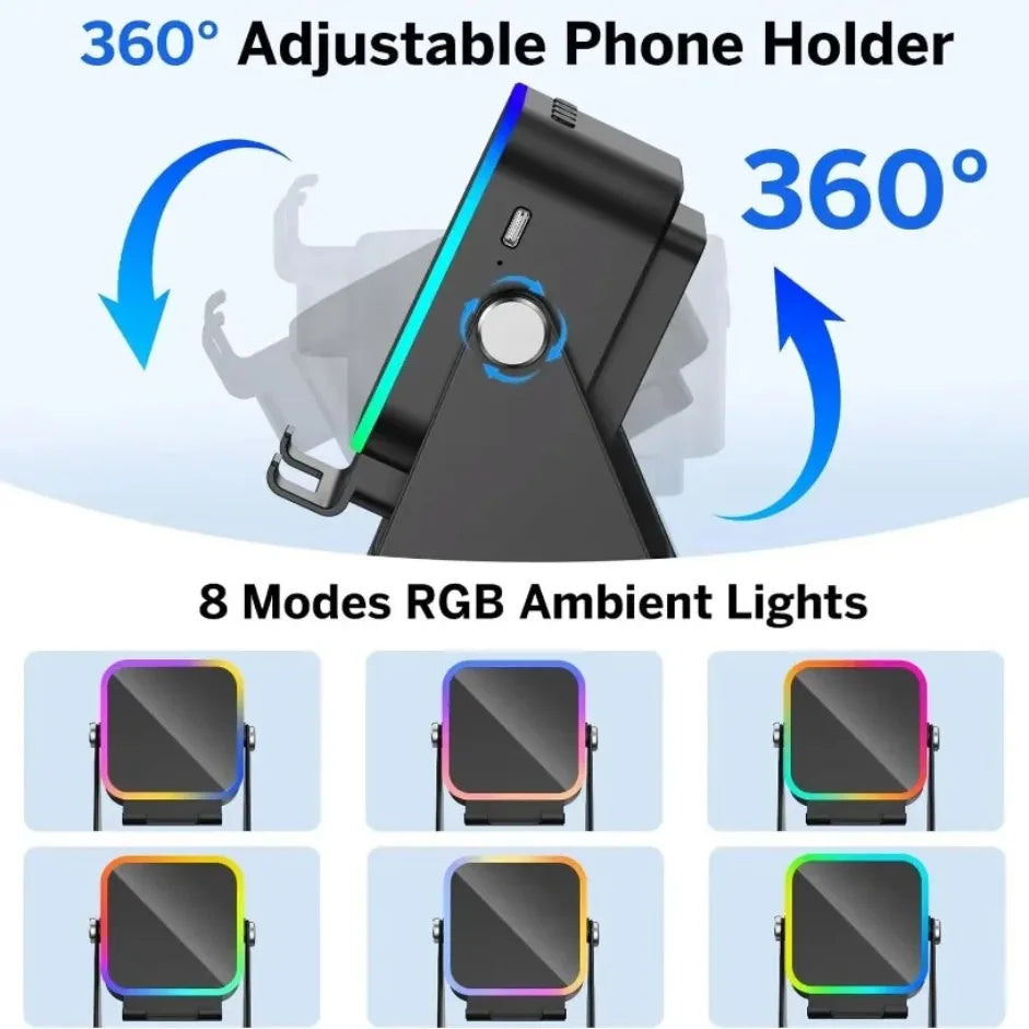 Black 360-degree adjustable bluetooth phone holder with rgb ambient lighting in eight color modes for wireless speaker portable use