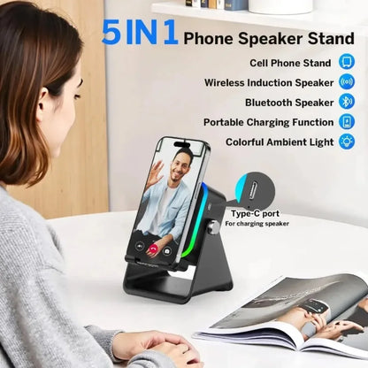 Black 5-in-1 wireless speaker portable bluetooth phone holder with wireless induction charging and rgb light phone stand