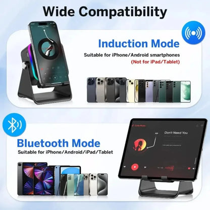 Black plastic wireless speaker portable bluetooth phone holder with adjustable angle and rgb light phone stand