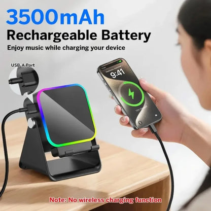 Black wireless speaker portable bluetooth phone holder with glowing rainbow edge and usb-a wired charging port