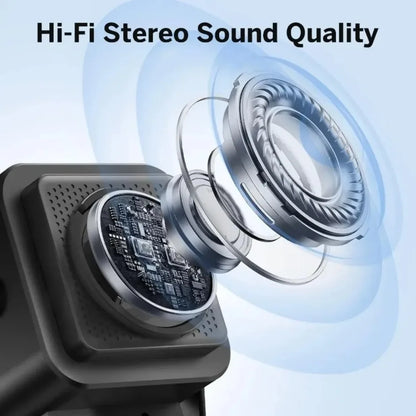 Black rectangular wireless speaker portable with silver driver and visible circuit board for bluetooth phone holder light phone stand