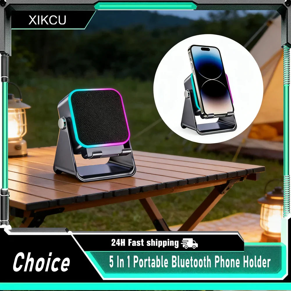 Black and teal 5 in 1 auto-induction wireless speaker portable bluetooth phone holder with textured front panel and rgb light phone stand