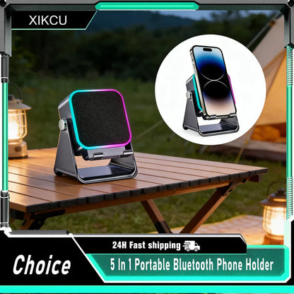 Black and teal 5 in 1 auto-induction wireless speaker portable bluetooth phone holder with textured front panel and rgb light phone stand