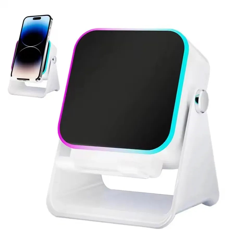 White plastic wireless speaker portable bluetooth phone holder with black screen and rgb light phone stand edges
