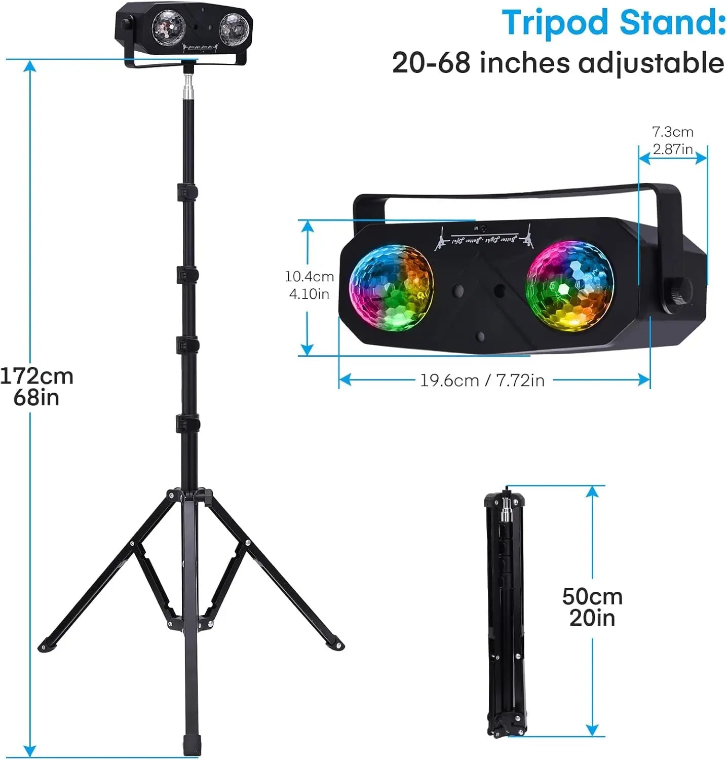 Black tripod stand with adjustable height and black led light fixture featuring colorful kaleidoscope ball red pattern sound activated